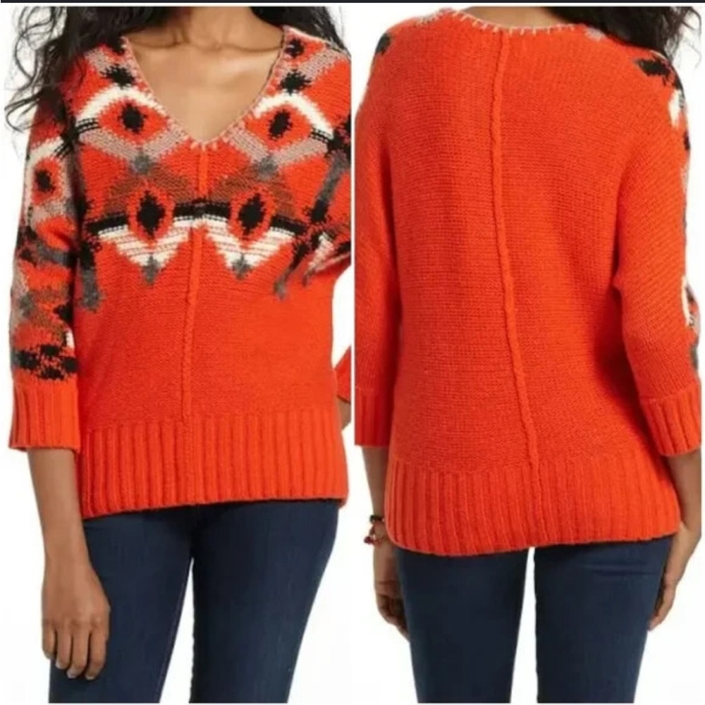 Anthropologie Orange Geometric-Accent Crewneck Sweater